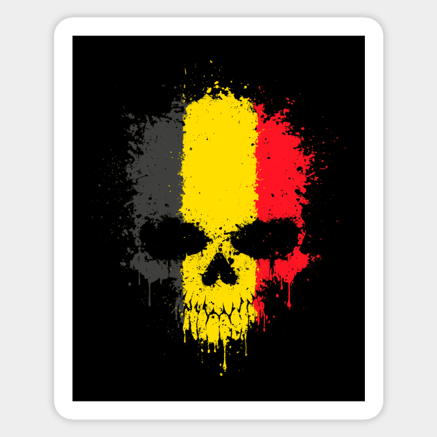 Chaotic Belgian Flag Splatter Skull Sticker by jeffbartels